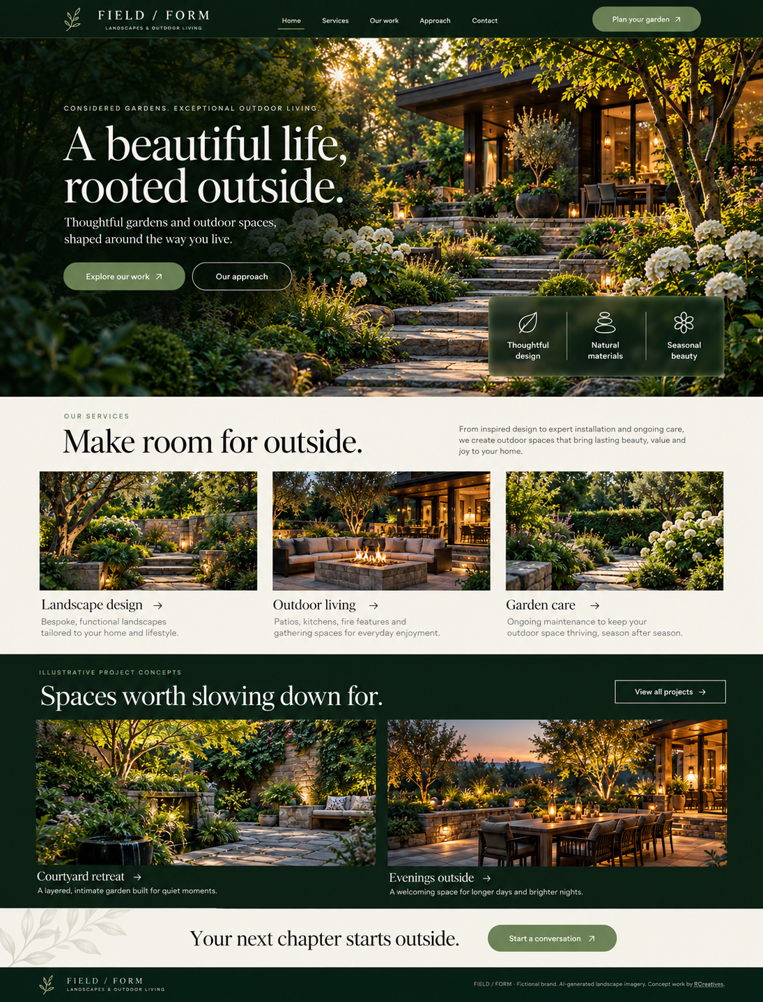 FIELD / FORM — Landscaping Website Concept. Fictional concept with AI-generated imagery.